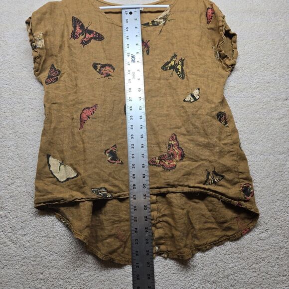 Terzo Millennio Top Linen Brown Butterfly Print Sz Small Back Buttons Lagenlook - Picture 10 of 10